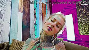 Tattooed anal queen in heels masturbates with toys