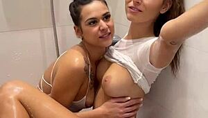 Lesbian shower quickly escalates to sloppy double blowjob with deepthroat competition ending with huge facial and cum swapping pov