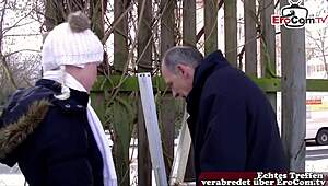 old german grandpa convinces teen for outdoor sex