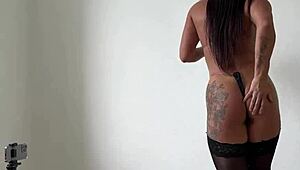 muscular latina in stockings gets wet