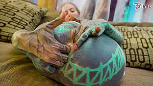 Tattooed anal queen in heels masturbates with toys