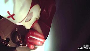 Rubbernurse Agnes Red Latex Outfit Intense Pegging With Long Giant Dildo