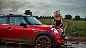 Sexy blonde stuck in mud gets outdoor creampie and facial