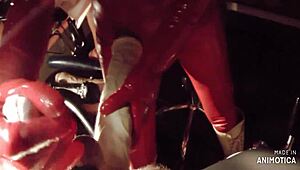 Rubbernurse Agnes Red Latex Outfit Intense Pegging With Long Giant Dildo