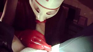 Rubbernurse Agnes Red Latex Outfit Intense Pegging With Long Giant Dildo