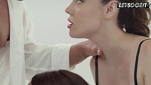 Two Babes Share Cock In Deepthroat Doggy