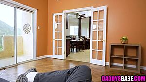 cute stepdaughter sucks stepdad with glasses on