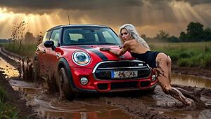 Sexy blonde stuck in mud gets outdoor creampie and facial