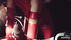 Rubbernurse Agnes Red Latex Outfit Intense Pegging With Long Giant Dildo