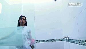 Big ass latina in pink gloves gets fucked doggy in shower