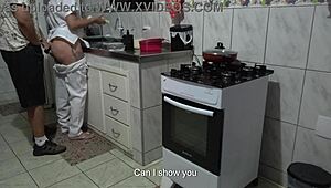 Maid gets her ass used while washing dishes.