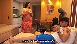step son ends up with a very hard cock by mistake but his big assed stepmother gives him a hand