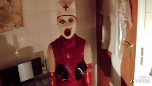 Rubbernurse Agnes Red Latex Outfit Intense Pegging With Long Giant Dildo