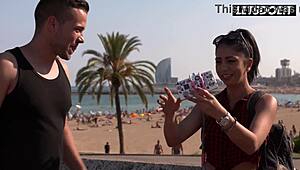 Public pickup on a crowded beach promenade tanned brunette agrees to go home and get fucked by a stranger