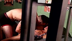 Busty babe tugs prisoner in prison