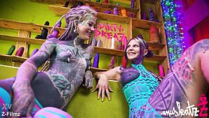 Two tattoo lesbians anal play with big toys