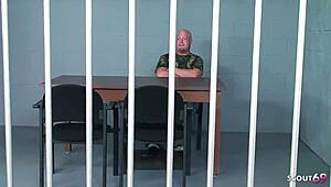 Female police officer cougar with big tits seduce guy to femdom fuck at prison