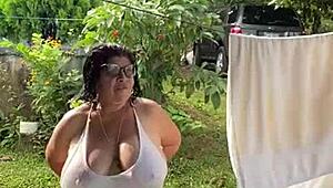 Public outdoor scene with big tits