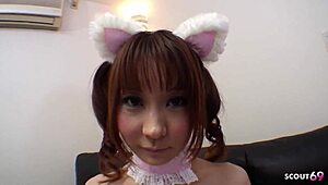 Japanese cosplay girl with big natural tits gets intense orgasm by old guy
