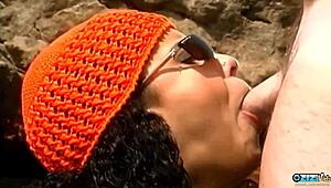 brunette milf has beach anal ending in facial