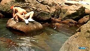 brunette milf has beach anal ending in facial