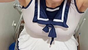 ts sneaks into bathroom to jerk off with massive cumshot tease