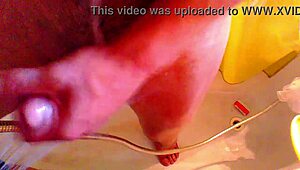 European woman bathes in shower