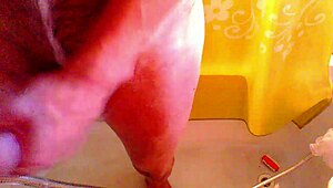 European woman bathes in shower