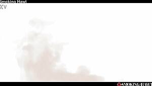 Japanese girl smokes while riding cock