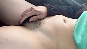 Touching hairy pussy outdoors