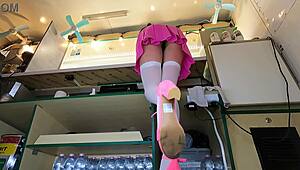 Cute brunette upskirted on her very first day of work