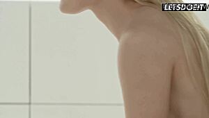 tattooed blonde in garter belt gets throat stuffed. pounded doggystyle