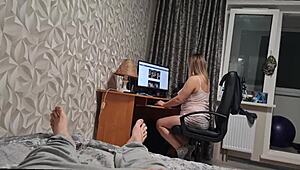 my stepmom works at computer i show her my big cock